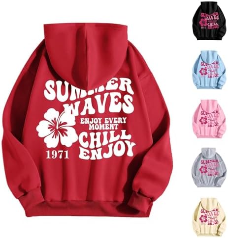 Womens Tops Oversized Long Sleeve Round Neck Drawstring Hoodies Daily Sweaters Pullover Print Sweatshirts with Pockets