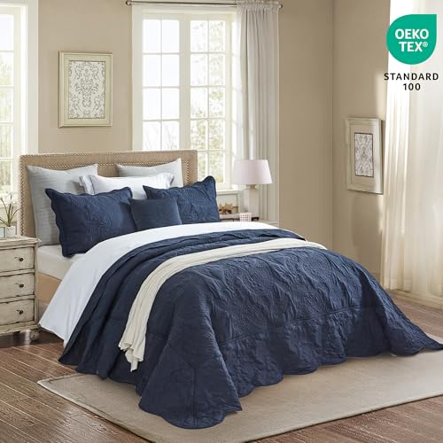 Image of HZ & HY Oversized King Bedspread 128x120 Extra Wide, Stitched Paisley Quilt Set King /Cal King, Lightweight Reversible Coverlet, Scalloped Edge - Deep Classic Look, 5 Piece, Polar Night