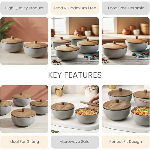 Image of The Earth Store Glossy Grey Marble Ceramic Bowl Set of 4 - 500ML Each with Nob Wooden Lid | Mixing Bowls for Snacks, Rice, Dal, Fruits, Salad Microwave Safe Bowl with Lid Perfect Gifting & Daily Use