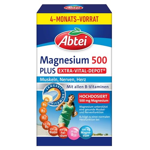 Abtei Magnesium 500 Plus Extra-Vital-Depot Hochdosierte Magnesiumtabletten Für Muskeln Nerven Herz 500 mg Magnesium laktosefrei glutenfrei vegan Vorratspackung 126 Tabletten