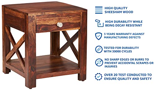 Image of STRATA FURNITURE Solid Sheesham Wood Finzi Bedside Table with 1 Drawer and 1 Shelf | Multipurpose Wooden End Table Furniture | Nightstand for Living Room Home (Natural Finish)