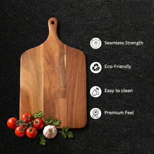 Image of Premium Wooden Chopping Board with Handle 43 x 26 x 2 cm | Thick Solid Wood Cutting Board for Kitchen | Heavy Duty Vegetable & Bread Cutting Board | Serving Board