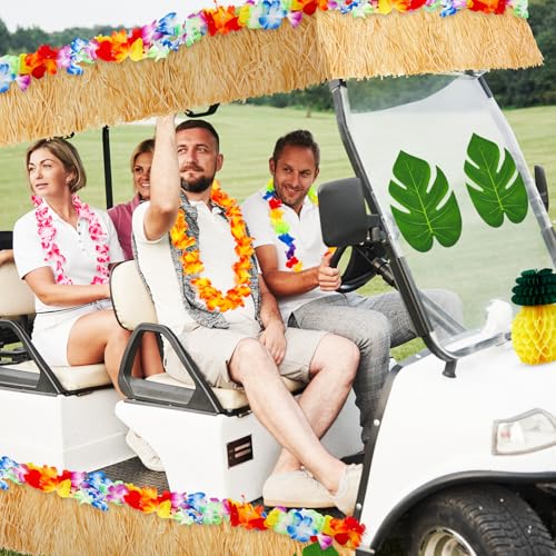 Image of WinnerWhy 29 Pcs Summer Tropical Golf Cart Parade Decorations Tropical Flower Leis Tinsel Garland Grass Fringe Banner Inflatable Flamingo Tube Paper Pineapples Leaves for Luau Party Supplies