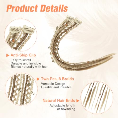 BOGSEA 2PCS Clip in Braid Hair Extensions, Boho Dreadlock Brown mix Blonde — view 3