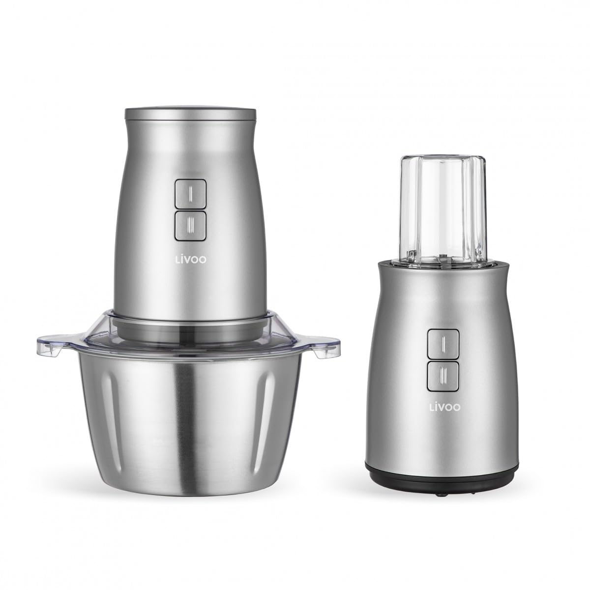 Livoo, Picadora Multifunción 2 en 1 DOP237, Potencia 500 W, 2 Velocidades, compuesta por un cuenco de acero inoxidable de 2 L y una mini picadora de hierbas y nueces