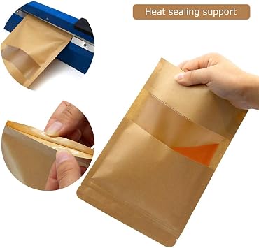 50Pcs Resealable Kraft Paper Stand Up Pouches with Window - 3.5 x 5.5 Small Food Storage Bags with Zip Lock - Heat Sealable Brown Paper Bags for Coffee Beans, Snacks, Candy, Seeds