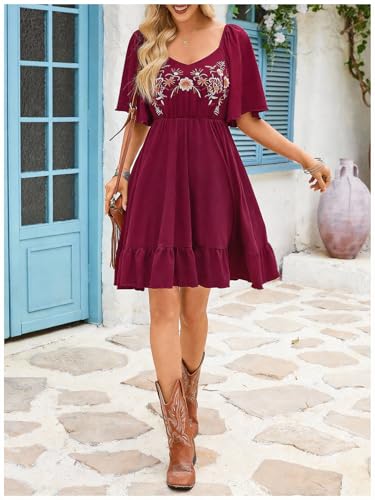 Image of BEAUDRM Women's Western Cowgirl Dress Floral Boho Mini Dresses Summer Flowy Sun Dress Country Vacation Outfits