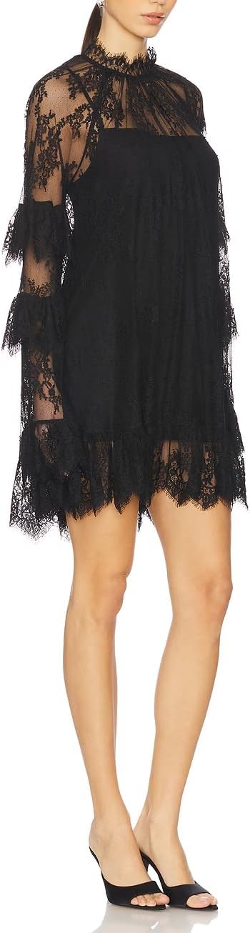 Women Lace See Through Mini Dress Long Sleeve High Neck Ruffle Dresses Sheer Mesh Overlay Short Dress Beach Cover Up - Image 4