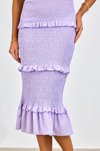 Image of dowerme Women Summer Casual Floral Midi Smocked Bodycon Dresses Spaghetti Strap Square Neck Ruffle Mermaid Prom Dress