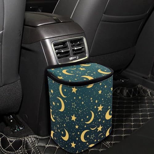 Image of Car Trash Can with Lid Storage Pockets for Disposable Garbage Bag, Multipurpose Collapsible Car Organizer, Moon Star Print