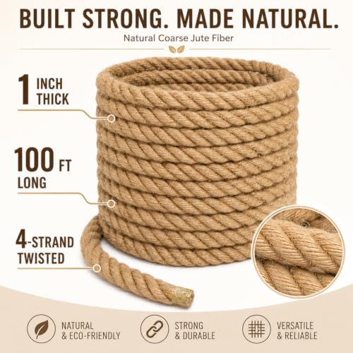 Image of 1 Inch x 100FT Jute Rope 25mm 4-Strand Thick Twisted Hemp Rope