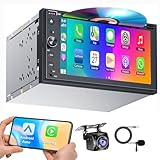Double Din Car Stereo with CD/DVD Player Apple Carplay & Android Auto, 7 Inch Car Radio with Bluetooth and Backup Camera, Touch Screen, Mirror Link, Steering Wheel Control, USB/TF/AUX Input, AM/FM