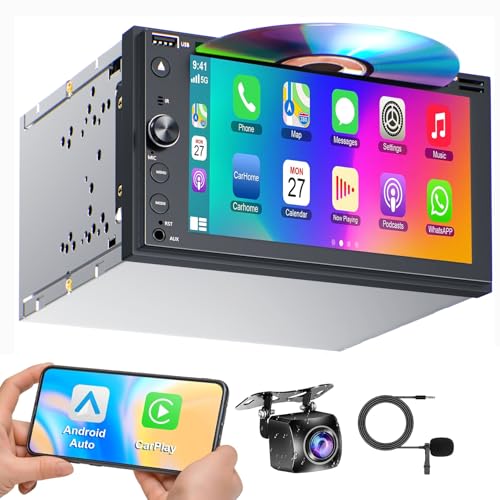 Double Din Car Stereo with CD/DVD Player Apple Carplay & Android Auto, 7 Inch Car Radio with Bluetooth and Backup Camera, Touch Screen, Mirror Link, Steering Wheel Control, USB/TF/AUX Input, AM/FM
