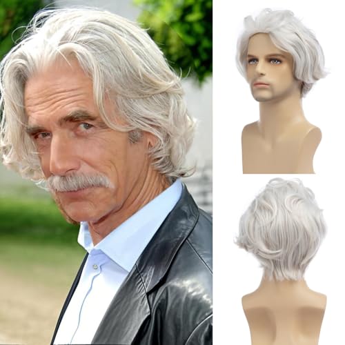 RicHyun Mens Short White Wig Fluffy Synthetic Halloween Costume Party Hair Wigs for Male Guys
