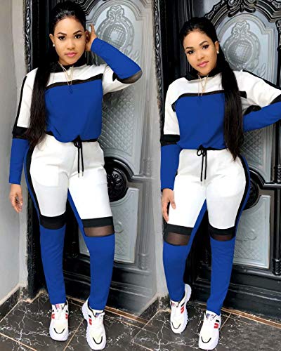 Womens Casual Sweatsuit Two Piece Outfits Patchwork Net Color Block Pocket Hooded Top Pant Set Jogger Tracksuit Blue Xxl #TOP2