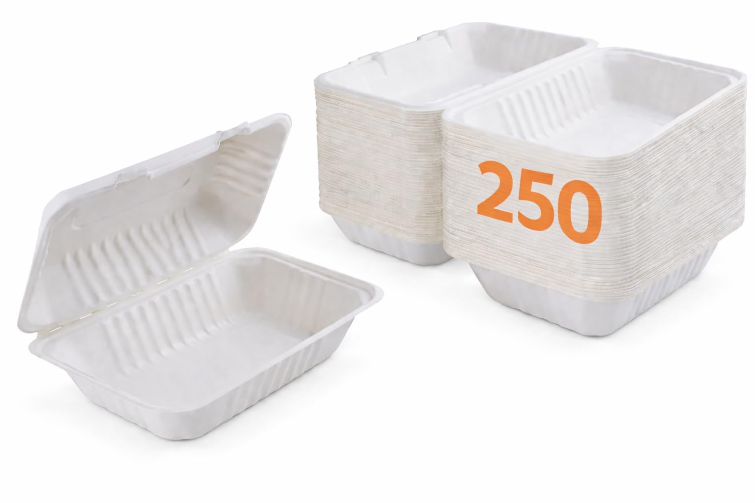 Ecokanta Clamshell Takeaway Boxes, 9x6 inch, 32oz / 900ml, Made from Natural Sugarcane Pulp, Disposable Food Container, Home Compostable Biodegradable, Sugarcane bagasse (250)