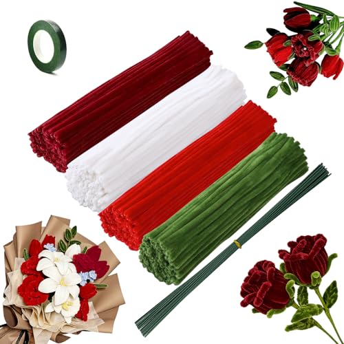 ANBOWEI Rot Pfeifenreiniger Blumen Set Rose Bouquet Pfeifenputzer zum Basteln Blumen 4 Farben Pipe Cleaner Flower Set mit Grün Blumendraht und Blumenband - 240 Stück(Rot Weiß)