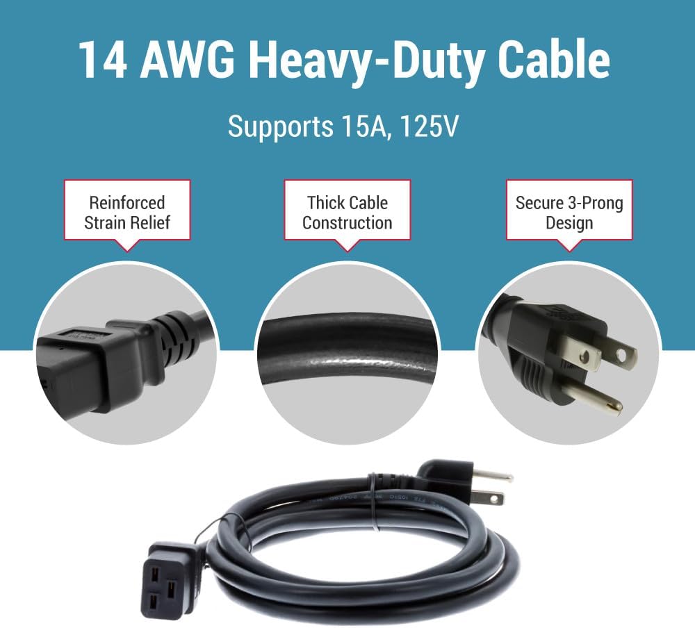 CablesAndKits - 3 Prong AC Power Cord (6ft) 1.82m - 15A/125V, 14 AWG | 5-15P to C19, (NEMA 5-15P to IEC-60320-C19) | Heavy Duty Power Cable for Servers, Network and Data Center Needs - (Black)