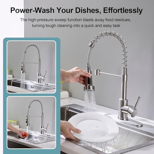Image of Kitchen Faucets with Pull Down Sprayer, Brushed Nickel Stainless Steel Single Handle Pull Out Spring Sink Faucet, 3 Function Sprayer 1 or 3 Hole Deck Plate for Farmhouse Laundry Rv Bar