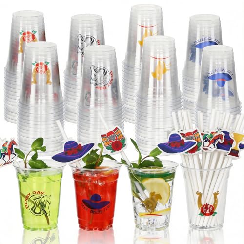 MUOUAKATE Derby Cups Plastic Disposable Bulk 48 Pack 12 oz Derby Clear Julep Cups with Plastic Straws and Cards for Derby Party Decorations Supplies Horse Racing Favors Gift