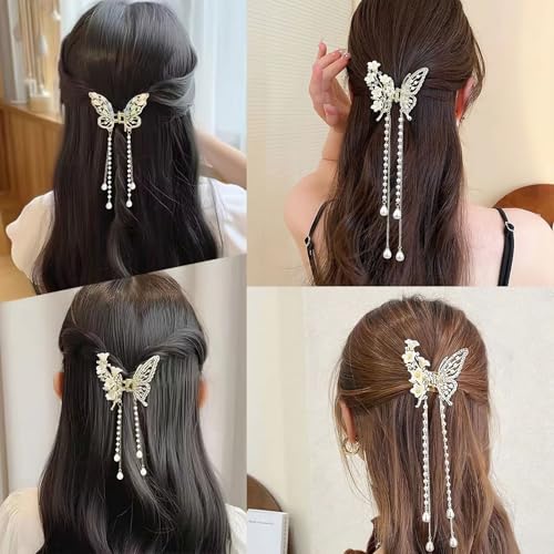 Pinza de cabello mariposa con borlas y perlas blanca miniatura 5