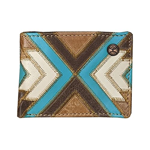 Image of HOOEY Montezuma Men's Leather Bifold Wallet - Brown & Turquoise Patchwork Genuine Leather, Slim Western Wallet with 4 Card Slots & Cash Pocket