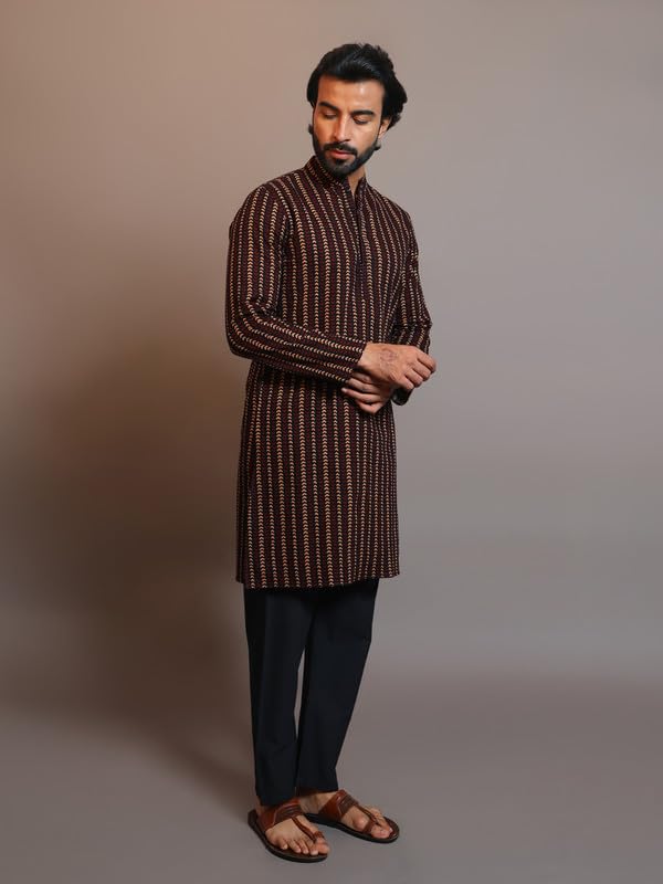 Image of Vastraa Fusion Men's Printed Kurta Pure Cotton Long Kurta, Round Collar, Full Sleeves, Button Kurta, Ethnic Wear