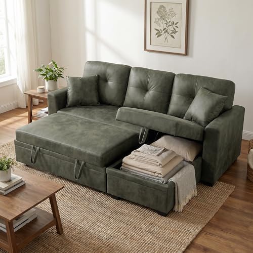 Image of 71 inch Green Convertible Sofa Bed, L-Shaped Pull Out Couch with Storage Chaise | TYBOATLE, Green Sleeper Sofa, Pull Out Couch Bed, Reversible Storage Chaise, Linen Fabric, Living Room, Apartment, Guest Room