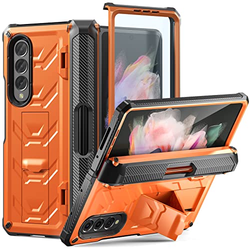 FONREST Rugged Case Armor for Samsung-Galaxy-Z-Fold-3 w/ Built-in [Kickstand] [S Pen Holder] [Screen Protector] [Hinge Protection], Heavy Duty Shockproof Protective Cover NOT FIT Z Fold4/2 (Orange)
