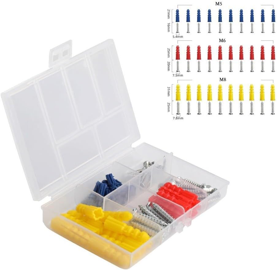 60PCS Self Drilling Drywall Anchors with Screws, Ribbed Wall Assortment Kit M5 M6 M8 Hanging Shelves Pictures Mirrors Plaster Concrete