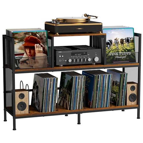 Large Vintage Record Player Table with 4 Adjustable Dividers, Vinyl Record Storage Cabinet for Up to 350 Albums, Medieval Turntable Stand for Living Room, Bedroom (Patent Pending)
