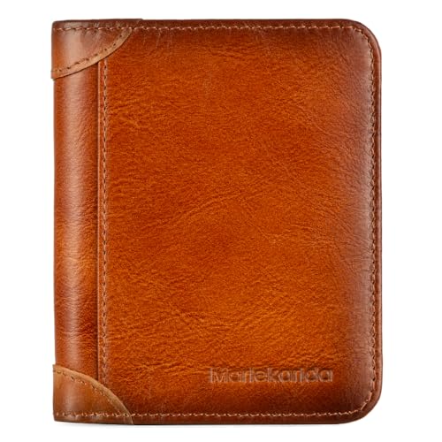 Men's RFID Shielded Three Fold Leather Wallet, 11 Credit Cards with Gift Box (Yellow Brown)
