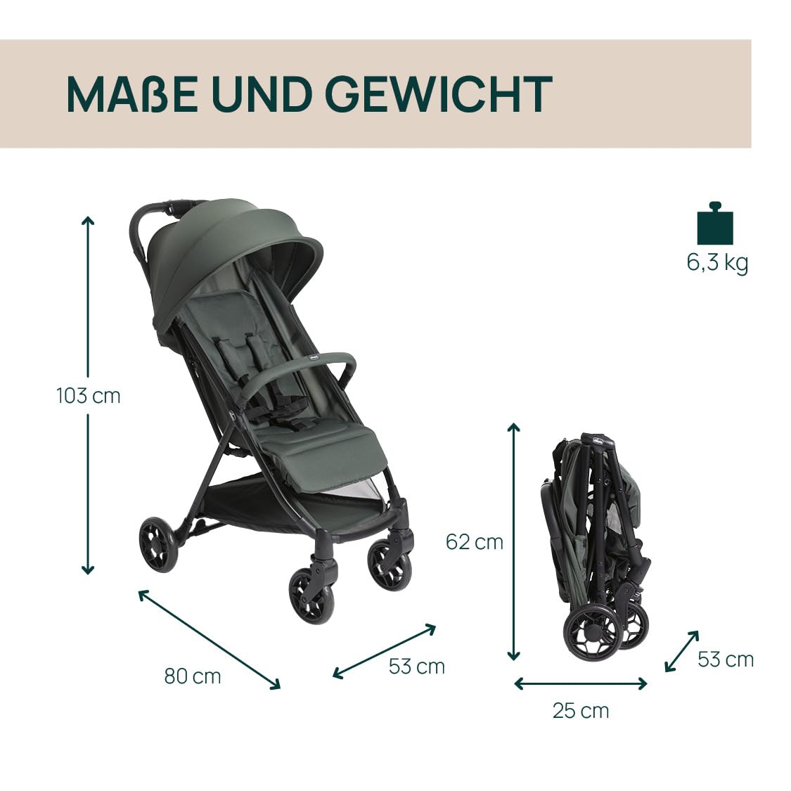 Chicco Urbino Kinderwagen Ab Geburt bis 4 Jahren 25 kg Zusammenklappbarer Buggy Grün