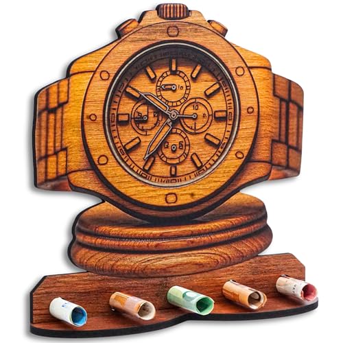 DRO Design Geldgeschenke, Geschenkverpackung Holz-Optik Uhr Motiv – Bargeldgeschenk, Geldpräsent, Kreatives Geldgeschenk, Geburtstag, Hochzeit, Weihnachten