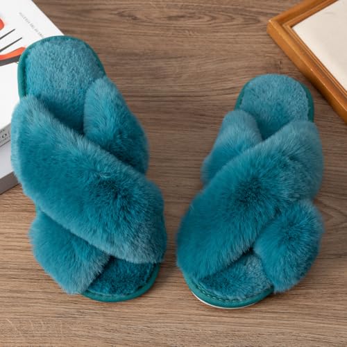 Image of Enteer Women's Slipper Memory Foam Cross Band Fuzzy Slippers Open Toe Cozy House Slippers Cozy Plush Bedroom Indoor Outdoor