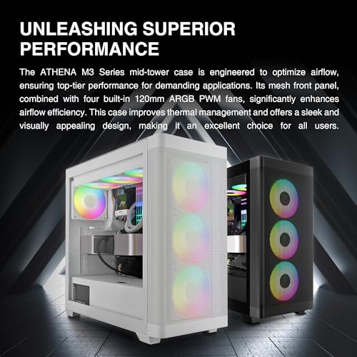 Image of GAMDIAS Athena M3 White ATX Mid Tower Computer Case Tempered Glass, Gaming PC Case Support Dual 360mm AIO /Radiator, 7x120mm Case Fans (4X 120mm Built-in), 420mm GPU /VGA, Type C x1, 170mm CPU Cooler