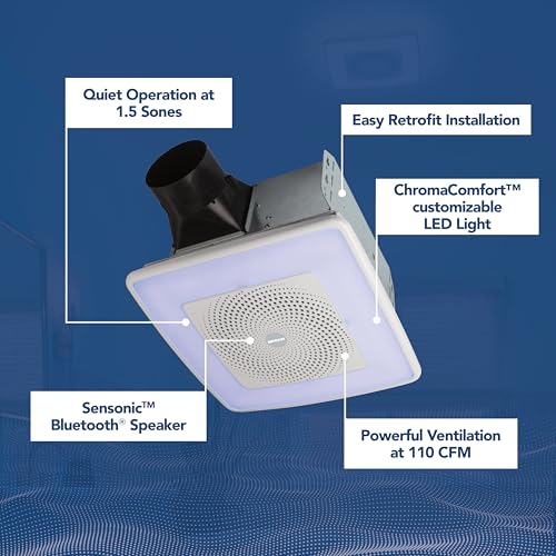Image of Broan-NuTone ChromaComfort Bathroom Exhaust Fan with Bluetooth Speaker, Powerful 110CFM /1.5 Sones, 24-color LED Light, SPK110RGBL, Wall Switch