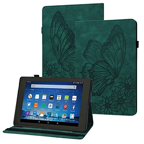 Rostsant Funda Kindle Fire HD8 2020/Fire HD 8 Plus 2020 Carcasa de Cuero PU Relieve de Mariposa con Soporte para Bolígrafo Funda Tableta para Kindle Fire HD8 2020/Fire HD 8 Plus 2020   Verde Oscuro