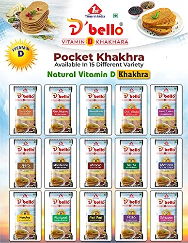 Khakhara - Dbello Vitamin D, Low Calorie, 100% Wheat Flour khakhra - 60g Vacuum Pack- 15 Assorted Flavours (Pack of 15 - 900g)