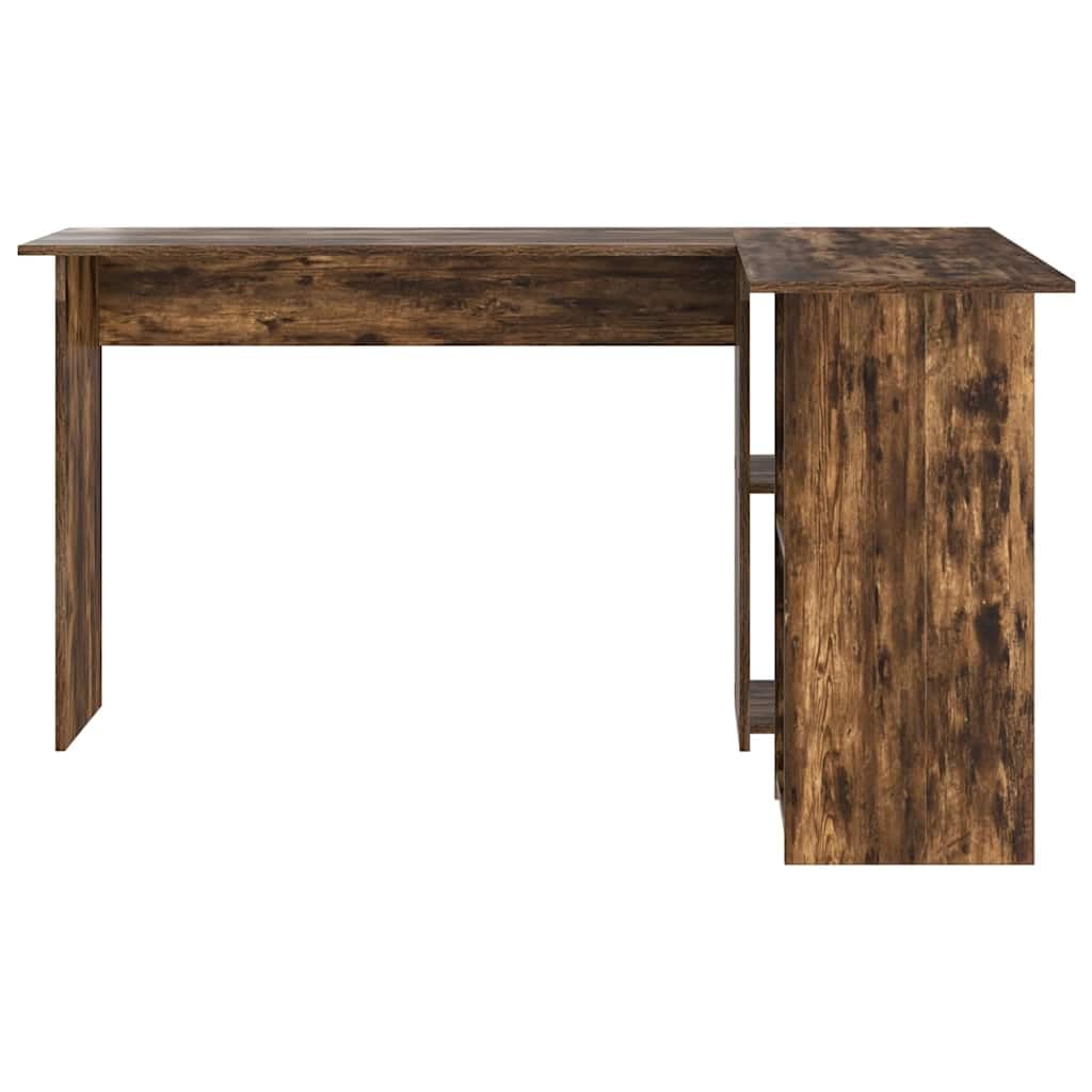Scrivania in rovere affumicato, 142 x 102 x 73 cm, con ripiano e ripiano, scrivania angolare per computer per casa, ufficio e gaming, grande spazio di archiviazione e comodo spazio di lavoro