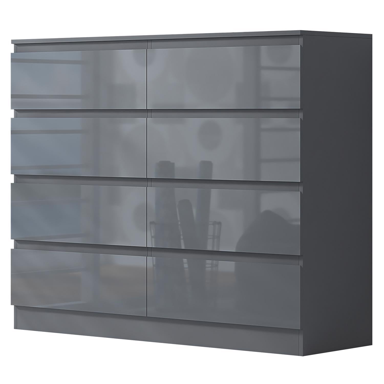 FWStyle Grey Gloss Front 8 Drawer Wide 4+4 Chest of Drawers - H99 X W110 X D40cm — image 1