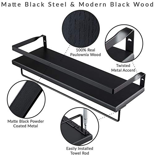 Peter's Goods Modern Floating Shelves With Rail - Wall Mounted Bathroom Wall Shelves With Towel Bar - Also Perfect For Bedroom Decor And Kitchen Storage - Solid Paulownia Wood Shelf Set Of 2 (Black) #TOP3