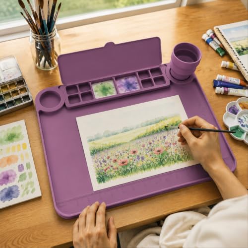 Image of Svartur Silicone Painting Mat with Cup and Palette Detachable, 17 inchX13 inch Thick Silicone Craft Mat with Raised Edge for Artist, Kids Painting Station Silicone Creator Mat, Purple