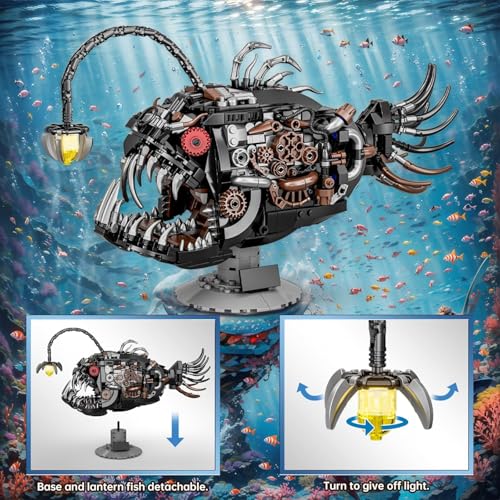 Image of SKY LINE OCEAN Mechanical Lantern Fish Building Blocks Set (1038+ PCS) | Complex for Ages 14+ | Light-Up Deep Sea Animal Model with Display Stand | STEM Construction Toy | 5 Year Structural Warranty