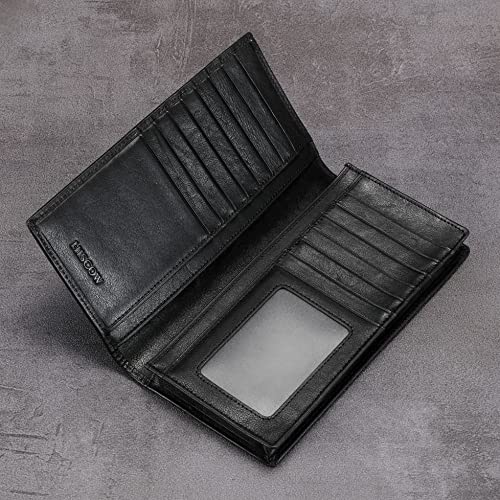 Image of HISCOW Full Grain Leather Men's Long Wallet, 15 Card Slots, Black Vegetable-Tanned Leather, One Size, Classic | Gusseted bill compartment, tall bifold design, clear ID window, ideal for coat pockets or briefcases, turned-edge, gift box