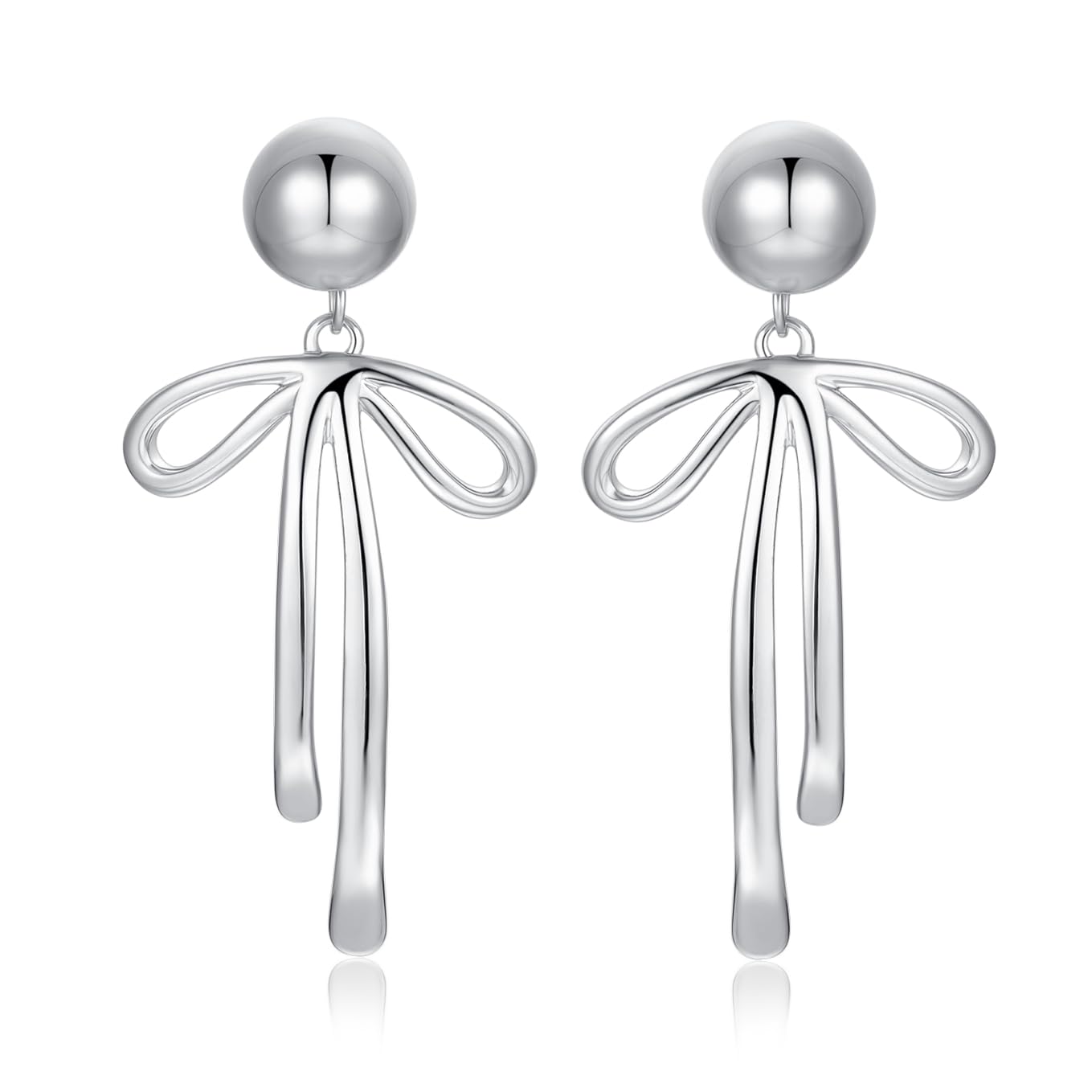 Gold Bow Earrings for Women, Cute Silver Ribbon Bowknot Stud Earrings Christmas Gift (Pearl Silver)