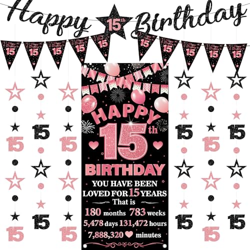 15th Birthday Decorations Banner Girls - 9 Pcs Black Rose Gold Bannes Backdrop Number Star Dot Glitter Hanging Garlands Kit for Girl Happy 15 Years Old Birthday Party Decor Supplies