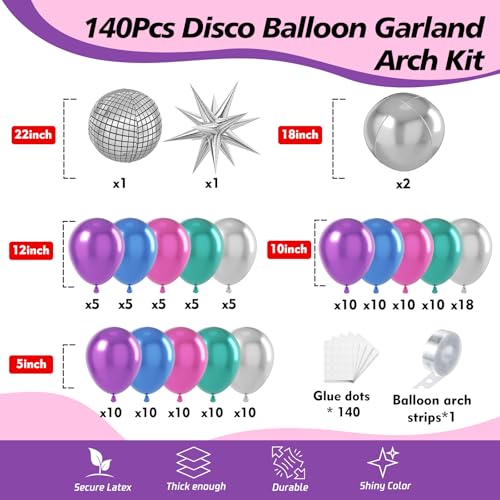 Image of Disco Balloons Garland Arch Kit - 22 18 12 10 5 inch Metallic Purple Blue Hot Pink Green Silver Chrome Disco Balloon with for Birthday Sing Themed 70S 80S 90S Bachelorette Party Decorations