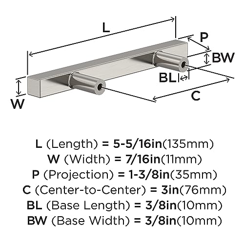 Image of Amerock 10 Pack 3 inch Bar Pulls Square Satin Nickel Drawer Pull | 3 inch (76mm) Center-to-Center Mounting Distance and 5-5 /16 inches Overall Length, Durable Zinc Cabinet Hardware