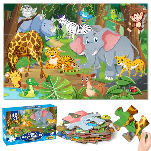 Jumbo Floor Puzzle for Kids Ages 4-6, 48 Piece Large Animal Jigsaw Puzzle, Extra-Thick Cardboard Preschool Learning Toys for Toddlers 3-5, Educational...
